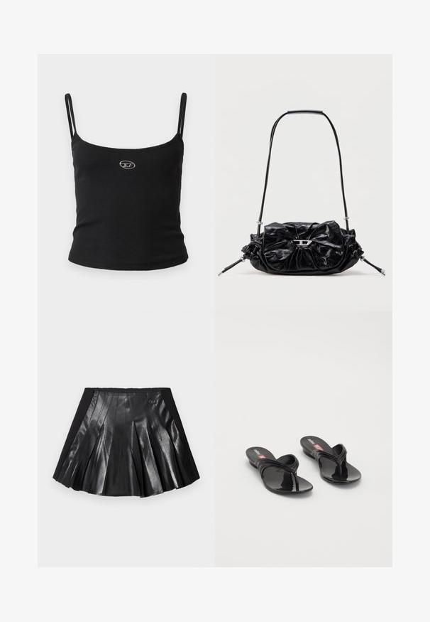 Top tipo camisola negro con textura acanalada, tirantes finos y un pequeño logo metálico en el centro. La tela parece elástica y ajustada al cuerpo.; Falda negra plisada con frente de cuero brillante y cinturilla negra sólida con un pequeño detalle metálico. Paneles de cuero texturizado que realzan el diseño.; Melissa QUANTUM THONG X DIESEL - Sandalias de dedo - black; Bolso de mano de cuero negro con diseño fruncido y detalle de lazo en la parte frontal. Cuenta con un asa corta y detalles metálicos en color plata.