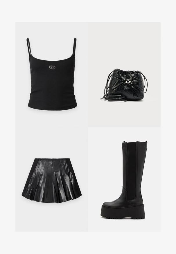 Sort ribstrikket camisole-top med tynde stropper og en lille metallisk logo midt på. Stoffet virker strækbart og kropsnært.; Sort plisseret nederdel med en skinnende læderfront og en solid sort talje med en lille metaldekoration. Teksturerede læderpaneler forbedrer designet.; Sort knæhøje støvler med en glat læderoverdel, elastiske sidepaneler og en tykk platformssål med en skridsikker bund.; Sort lædertaske med snor og rynket design, sølvdetaljer og justerbare stropper. Tekstureret overflade giver dybde.
