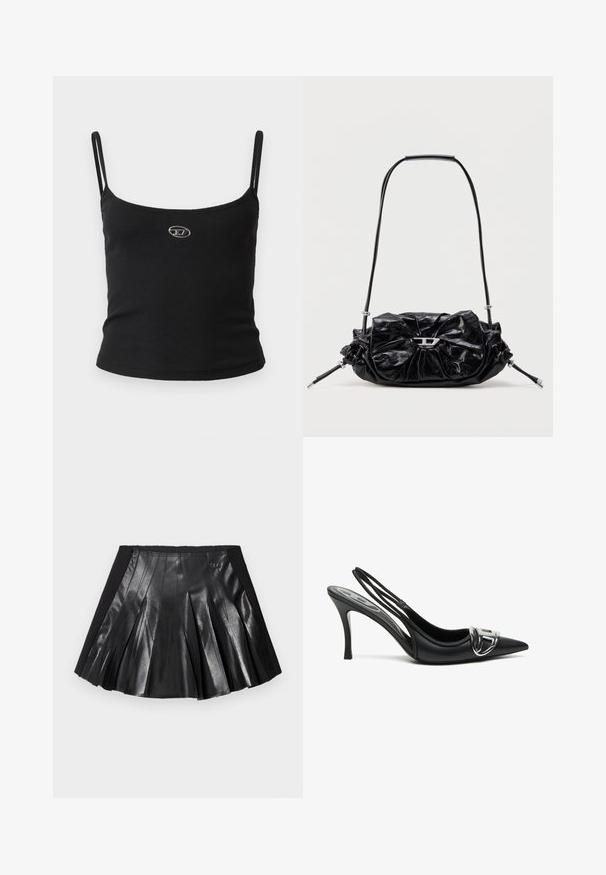 Schwarzes, geripptes Camisole-Oberteil mit dünnen Trägern und einem kleinen metallischen Logo in der Mitte. Der Stoff wirkt dehnbar und figurbetont.; Schwarzer Faltenrock mit glänzendem Leder vorne und einem einfarbigen schwarzen Bund mit kleinem Metallakzent. Strukturierte Lederpaneele vervollständigen das Design.; Schwarze Slingback-Pumps mit spitzem Vorderteil, ausgestattet mit einem glänzenden silbernen Schnallendetail und einem schlanken Absatz. Glattes Lederoberfläche, minimalistische Gestaltung.; Schwarze Lederhandtasche mit gerafftem Design und Schleifendetail auf der Vorderseite. Verfügt über einen kurzen Griff und silberne Hardware-Akzente.