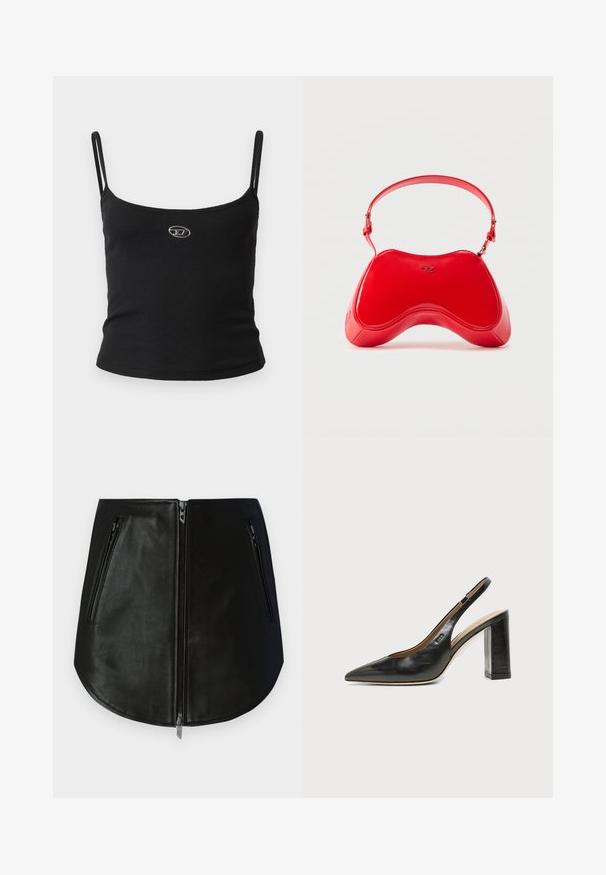 Haut caraco noir côtelé avec fines bretelles et petit logo métallique au centre. Le tissu semble extensible et près du corps.; Mini-jupe en cuir noir avec deux poches zippées à l'avant. Elle présente une texture lisse et un ourlet incurvé. Les fermetures éclair sont métalliques.; Chaussure slingback en cuir noir à bout pointu avec un talon bloc haut et une doublure intérieure beige sur un fond clair uni.; Sac en cuir verni rouge avec une forme incurvée et ergonomique, doté d'une fine sangle réglable et d'un discret logo sur le devant.