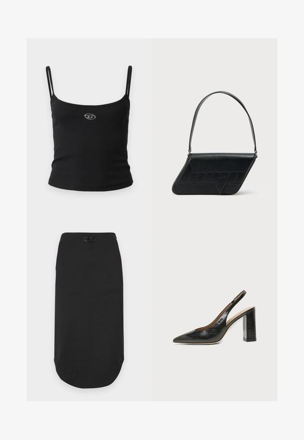 Haut caraco noir côtelé avec fines bretelles et petit logo métallique au centre. Le tissu semble extensible et près du corps.; Jupe crayon noire en tissu lisse. Elle présente un ourlet arrondi et un logo noir proéminent à la taille. Design simple, sans motifs.; Chaussure slingback en cuir noir à bout pointu avec un talon bloc haut et une doublure intérieure beige sur un fond clair uni.; Sac d'épaule en cuir noir de forme triangulaire, avec un logo embossé et une seule bandoulière réglable. Design minimaliste avec une texture lisse.