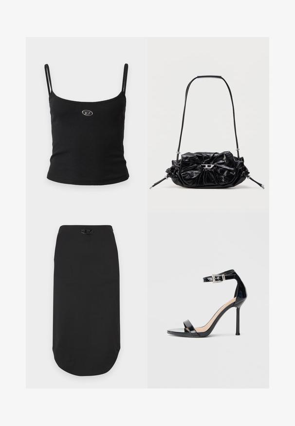 Haut caraco noir côtelé avec fines bretelles et petit logo métallique au centre. Le tissu semble extensible et près du corps.; Jupe crayon noire en tissu lisse. Elle présente un ourlet arrondi et un logo noir proéminent à la taille. Design simple, sans motifs.; Sandale à talon haut en cuir verni noir avec bride à la cheville. Présente un design minimaliste, un bout ouvert et une boucle ornée de strass.; Sac à main en cuir noir avec un design froncé et un détail en forme de nœud sur le devant. Dispose d'une poignée courte et d'accents de quincaillerie argentée.