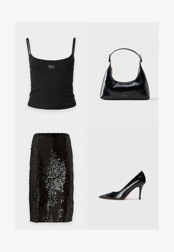 Top tipo camisola negro con textura acanalada, tirantes finos y un pequeño logo metálico en el centro. La tela parece elástica y ajustada al cuerpo.; Falda lápiz de lentejuelas negras con un diseño ajustado. Presenta lentejuelas densas y reflectantes que crean una superficie texturizada. Forro interior suave.; Zapato de salón de charol negro con tacón alto y punta afilada, con textura suave y tacón de aguja delgado. Sin herrajes visibles.; Bolso negro brillante de Calvin Klein con cremallera dorada y correa corta sobre un fondo blanco liso.