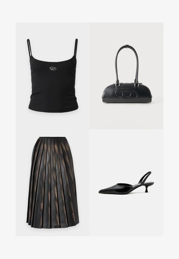 Haut caraco noir côtelé avec fines bretelles et petit logo métallique au centre. Le tissu semble extensible et près du corps.; Jupe midi plissée noire avec une finition texturée légèrement brillante et un petit logo près de la ceinture.; Chaussure slingback à talon kitten en cuir verni noir avec bout pointu et talon bas incurvé sur fond clair uni.; Sac à main en cuir noir avec longues poignées doubles et logo ovale embossé sur le devant, présenté sur un fond clair uni.