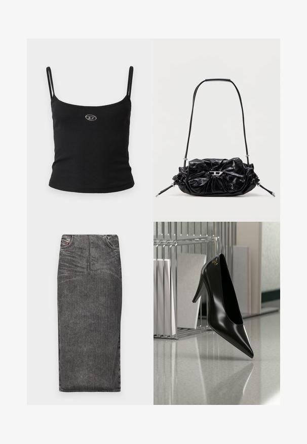 Schwarzes, geripptes Camisole-Oberteil mit dünnen Trägern und einem kleinen metallischen Logo in der Mitte. Der Stoff wirkt dehnbar und figurbetont.; Grauer Denim-Midi-Rock mit vertikalen Nadelstreifen, hoher Taillenbund, Fünf-Taschen-Design und einem sauberen Saum.; Schwarzer High-Heel-Schuh mit spitzer Zehe und goldem Logo, auf einer reflektierenden Oberfläche nahe einem verchromten Draht-Organizer mit Dokumenten positioniert.; Schwarze Lederhandtasche mit gerafftem Design und Schleifendetail auf der Vorderseite. Verfügt über einen kurzen Griff und silberne Hardware-Akzente.