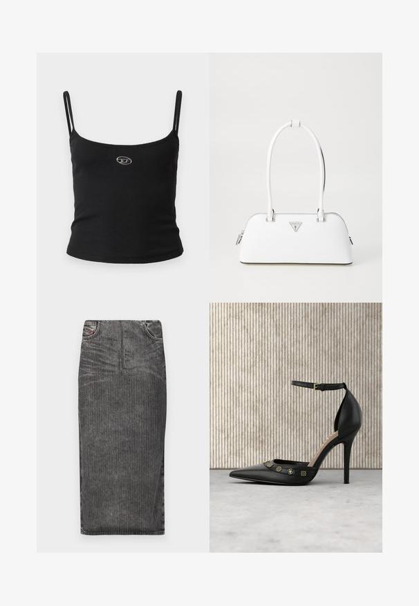 Zwarte geribbelde camisole top met dunne bandjes en een klein metalen logo in het midden. De stof lijkt rekbaar en aansluitend te zijn.; Grijze denim midi-rok met verticale streepjes, voorzien van een hoge taille, vijf-pocket ontwerp en een nette zoom.; Zwarte leren pump met hoge hak, puntige neus, enkelbandje en goudkleurige versieringen over de wreef. Soepele textuur.; Witte leren handtas met een gebogen vorm, voorzien van een zilveren driehoekig logo en ritssluiting. Gladde textuur en dubbele handvaten.