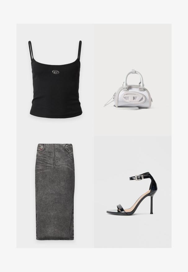 Zwarte geribbelde camisole top met dunne bandjes en een klein metalen logo in het midden. De stof lijkt rekbaar en aansluitend te zijn.; Grijze denim midi-rok met verticale streepjes, voorzien van een hoge taille, vijf-pocket ontwerp en een nette zoom.; Zwarte sandalen met hoge hak van lakleer en een enkelriempje. Heeft een minimalistisch ontwerp, open teen en een gesp met strass-steentjes.; Kleine witte handtas met dubbele handvatten, ovaal gestikt logo aan de voorkant en afneembare polsriem op een lichte achtergrond.