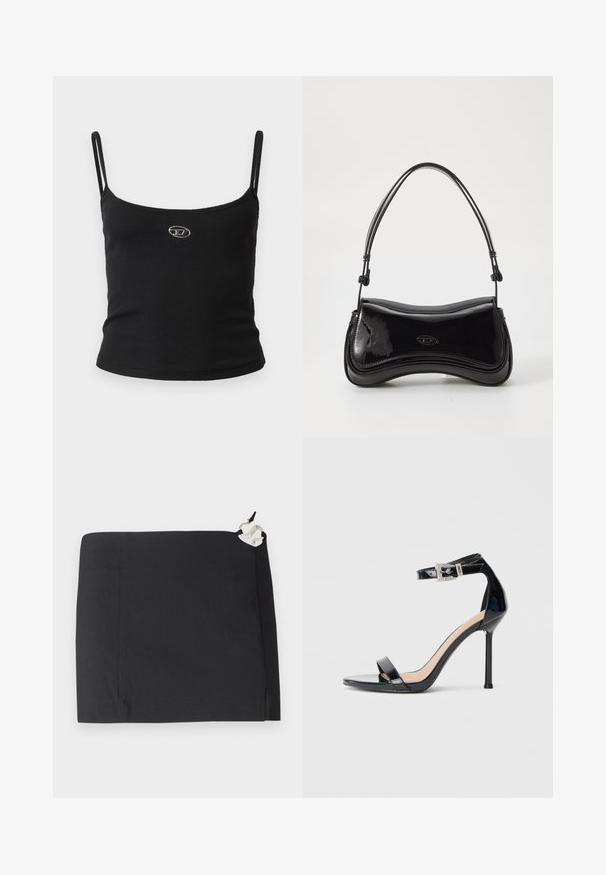 Zwarte geribbelde camisole top met dunne bandjes en een klein metalen logo in het midden. De stof lijkt rekbaar en aansluitend te zijn.; Zwarte rok met een slank ontwerp, rechte vorm en een gladde textuur. Inclusief een witte accenten met hardwaredetail aan de zijkant.; Zwarte sandalen met hoge hak van lakleer en een enkelriempje. Heeft een minimalistisch ontwerp, open teen en een gesp met strass-steentjes.; Zwarte laarzen van patentleer met een gebogen vorm, een enkele handgreep en een ronde bodem. Beschikt over een subtiele logodetail aan de voorkant.