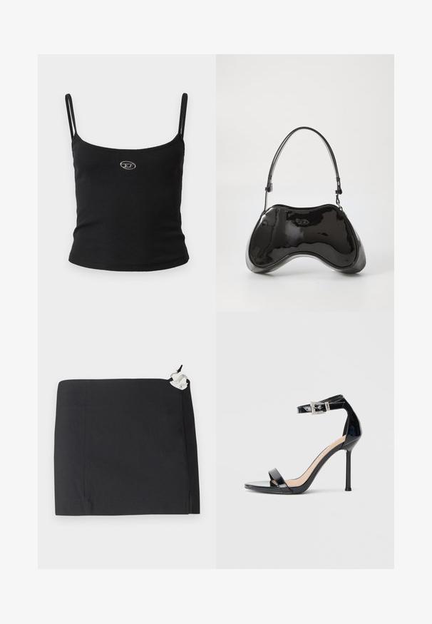 Top tipo camisola negro con textura acanalada, tirantes finos y un pequeño logo metálico en el centro. La tela parece elástica y ajustada al cuerpo.; Falda negra con un diseño elegante, forma recta y textura suave. Incluye un detalle de hardware blanco en el lateral.; Sandalia de tacón alto en piel sintética negra con correa en el tobillo. Presenta un diseño minimalista, punta abierta y una hebilla con detalles de pedrería.; Bolso de mano de piel sintética negra con un diseño curvado único, asas cortas y ajustables, y abertura con cremallera en la parte superior. Textura suave con una sutil marca.