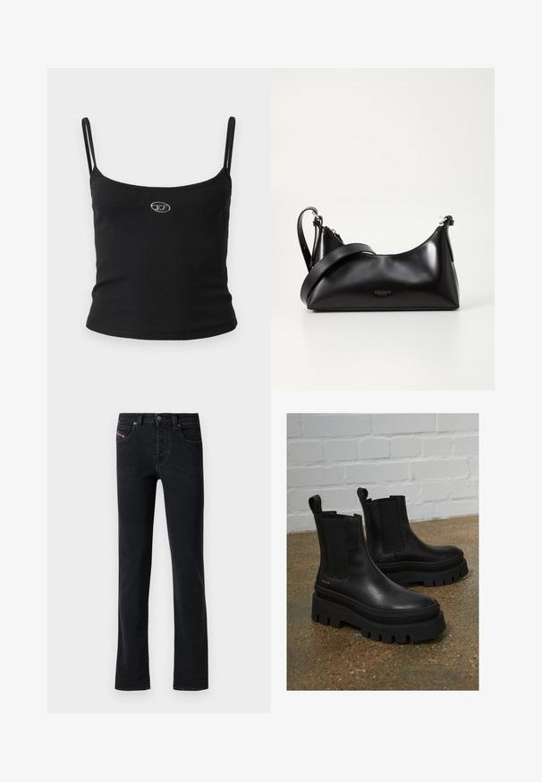Sort ribstrikket camisole-top med tynde stropper og en lille metallisk logo midt på. Stoffet virker strækbart og kropsnært.; Sort denim jeans med lige snit, som har fem lommer og subtile syninger. Stoffet har en glat tekstur og minimal falmen.; Sort læder ankelstøvler med elastiske sidepaneler, tykke sorte platformssåler og syninger, der har en løftesanordning for nem påtagning.; Sort læderhåndtaske med en glat tekstur. Har en justerbar stropp og et enkelt, minimalistisk design med lynlås.