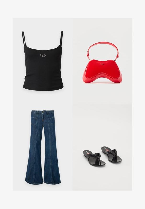 Schwarzes, geripptes Camisole-Oberteil mit dünnen Trägern und einem kleinen metallischen Logo in der Mitte. Der Stoff wirkt dehnbar und figurbetont.; Dunkelblaue Jeans aus Denim mit weitem Bein, aufgesetzten Fronttaschen und Kontrastnähten, Knopfverschluss und leicht ausgebleichten Details.; Melissa QUANTUM THONG X DIESEL - Zehentrenner - black; Rote Lackledertasche mit geschwungener, ergonomischer Form, ausgestattet mit einem dünnen, verstellbaren Riemen und einem dezenten Logo-Akzent auf der Vorderseite.