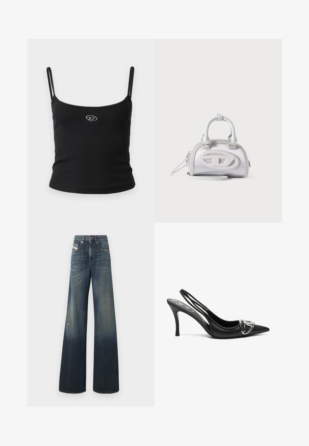 Schwarzes, geripptes Camisole-Oberteil mit dünnen Trägern und einem kleinen metallischen Logo in der Mitte. Der Stoff wirkt dehnbar und figurbetont.; Weit geschnittene Jeans aus Denim in Dunkelblau mit einem ausgewaschenen Finish, mit einem abgenutzten Knie und klassischem Fünf-Taschen-Design mit Label.; Schwarze Slingback-Pumps mit spitzem Vorderteil, ausgestattet mit einem glänzenden silbernen Schnallendetail und einem schlanken Absatz. Glattes Lederoberfläche, minimalistische Gestaltung.; Kleine weiße Handtasche mit doppelten Griffen, oval gesticktem Logo vorne und abnehmbarem Handgelenksriemen vor hellem Hintergrund.
