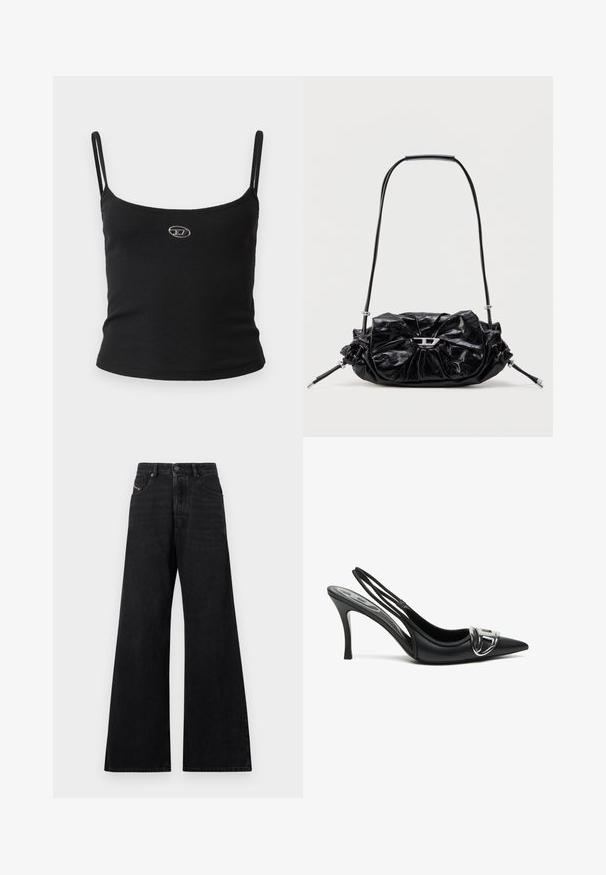 Top tipo camisola negro con textura acanalada, tirantes finos y un pequeño logo metálico en el centro. La tela parece elástica y ajustada al cuerpo.; Vaqueros negros de pierna ancha, confeccionados en denim, con cintura alta, diseño de cinco bolsillos y un sutil detalle de costura en la parte delantera.; Zapatos de tacón alto de charol negros con tira trasera y punta afilada, que presentan un detalle de hebilla plateada brillante y un tacón delgado. Textura de cuero suave, diseño minimalista.; Bolso de mano de cuero negro con diseño fruncido y detalle de lazo en la parte frontal. Cuenta con un asa corta y detalles metálicos en color plata.