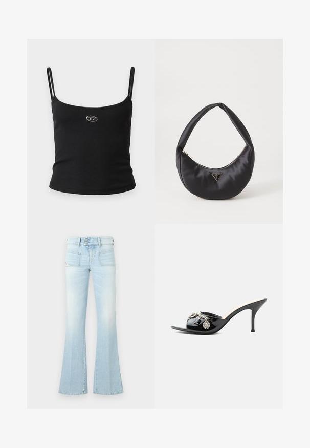 Sort ribstrikket camisole-top med tynde stropper og en lille metallisk logo midt på. Stoffet virker strækbart og kropsnært.; Lyseblå flagrende jeans i falmet denim med to forlommer, en lukket talje og kontrastsyede detaljer. Glat tekstur.; Sort laklæder højt hælet mule med åben tå og dekorative sølvcharme inklusive en blomst og hængelås på frontstroppen.; Sort satin håndtaske med en buet form, der har en lynlåslukning og et trekantet logo i metal på forsiden. Glat tekstur og slankt design.