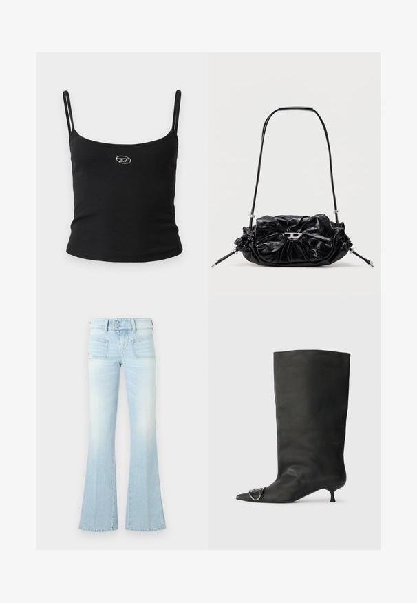 Schwarzes, geripptes Camisole-Oberteil mit dünnen Trägern und einem kleinen metallischen Logo in der Mitte. Der Stoff wirkt dehnbar und figurbetont.; Hellblaue ausgestellte Jeans aus ausgewaschenem Denim mit zwei Vordertaschen, einem geknöpften Bund und kontrastierenden Nähdetails. Glatte Textur.; Schwarze Leder-Ankle Boots mit spitzem Zehenbereich, kleinem Absatz und metallischen Akzenten an der Spitze. Sanfte, matte Textur im gesamten Schuh.; Schwarze Lederhandtasche mit gerafftem Design und Schleifendetail auf der Vorderseite. Verfügt über einen kurzen Griff und silberne Hardware-Akzente.