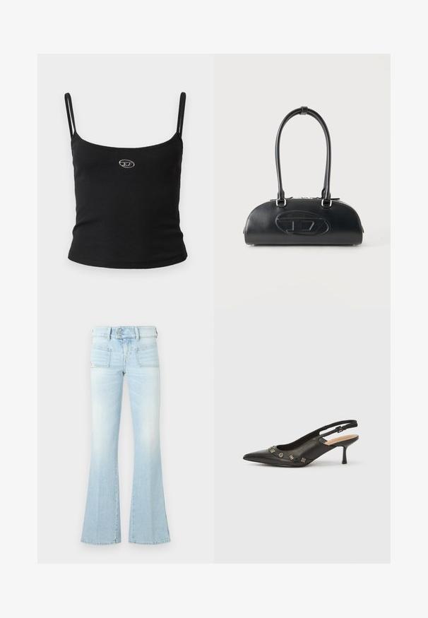 Zwarte geribbelde camisole top met dunne bandjes en een klein metalen logo in het midden. De stof lijkt rekbaar en aansluitend te zijn.; Lichtblauwe uitlopende jeans in vervaagde denim met twee voorkruiszakken, een knoopsluiting en contrasterende stikdetails. Glad textuur.; Zwarte leren slingback pump met puntige neus, lage hak en decoratieve metalen accenten langs de vooropening. Gladde textuur.; Zwarte leren handtas met lange dubbele handvatten en een reliëflogo in ovale vorm aan de voorkant, getoond tegen een effen lichte achtergrond.
