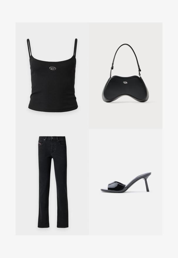 Top tipo camisola negro con textura acanalada, tirantes finos y un pequeño logo metálico en el centro. La tela parece elástica y ajustada al cuerpo.; Vaqueros de mezclilla negros con corte recto, que cuentan con cinco bolsillos y detalles de costura sutiles. La tela tiene una textura suave y un desvanecimiento mínimo.; Sandalias de tacón con punta abierta de charol negro, con un diseño superior curvado y tacón de aguja cónico. Acabado liso y brillante.; Bolso de mano de cuero sintético negro con una forma curva única, asa corta y un detalle de logo plateado en el frente. Textura suave, diseño minimalista.