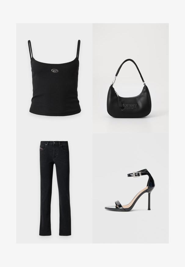 Top tipo camisola negro con textura acanalada, tirantes finos y un pequeño logo metálico en el centro. La tela parece elástica y ajustada al cuerpo.; Vaqueros de mezclilla negros con corte recto, que cuentan con cinco bolsillos y detalles de costura sutiles. La tela tiene una textura suave y un desvanecimiento mínimo.; Sandalia de tacón alto en piel sintética negra con correa en el tobillo. Presenta un diseño minimalista, punta abierta y una hebilla con detalles de pedrería.; Bolso de hombro sintético negro con forma curvada, que presenta una cremallera plateada y un logo en relieve de "tommy jeans" en la parte frontal.