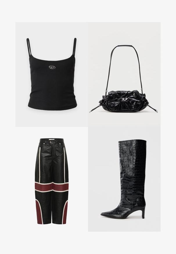 Sort ribstrikket camisole-top med tynde stropper og en lille metallisk logo midt på. Stoffet virker strækbart og kropsnært.; Sorte vide læderbukser med hvide lodrette striber og vandrette maroon vatterede paneler over knæene og på de nederste ben.; Sorte knæhøje støvler med en blank, krokodillemønstret tekstur, spids tå og en affaset hæl. Glat syntetisk materiale.; Sort læderhåndtaske med et opsamlet design og sløjfedetalje foran. Har en kort hank og sølvfarvede hardware-accenter.