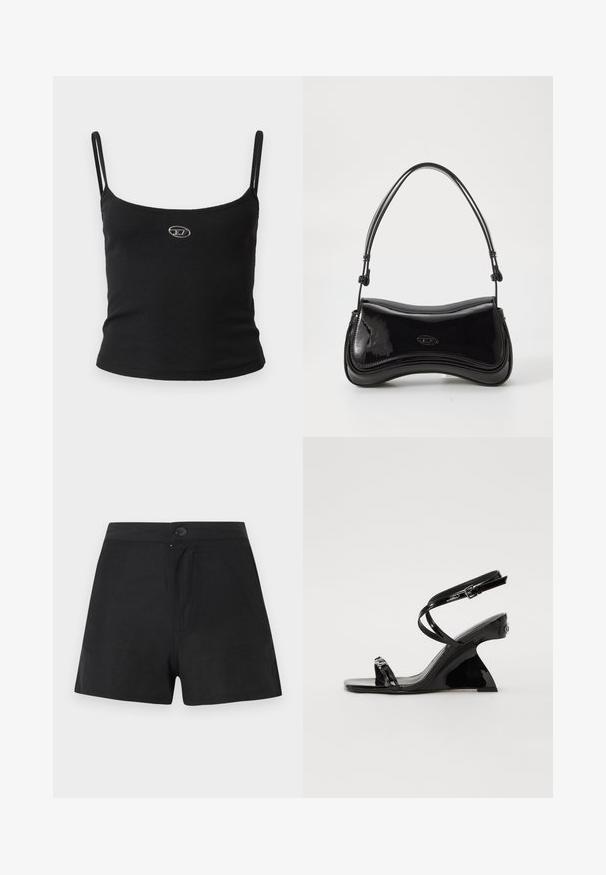 Haut caraco noir côtelé avec fines bretelles et petit logo métallique au centre. Le tissu semble extensible et près du corps.; Shorts noirs taille haute avec fermeture à boutons sur le devant et détails subtils de couture, présentés sur un fond gris clair uni.; Sandale compensée en cuir verni noir avec un design élégant, à bout ouvert, des fines lanières à la cheville et une boucle décorative.; Sac à main en vernis noir avec une forme courbée, une poignée unique et un fond arrondi. Présente un détail de logo discret à l'avant.