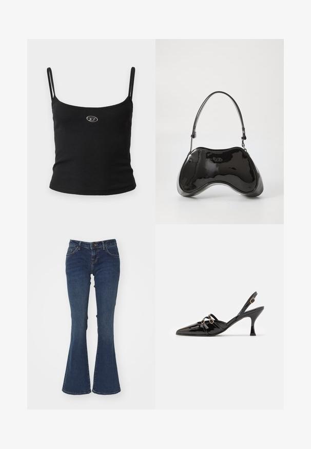 Zwarte geribbelde camisole top met dunne bandjes en een klein metalen logo in het midden. De stof lijkt rekbaar en aansluitend te zijn.; Uitlopende blauwe denim jeans gemaakt van katoen met een middelhoge taille, vijf-pocket ontwerp en contrasterende stiksels langs de naden.; ALOHAS JOELLE ONIX - Klassieke pumps - black; Zwarte gepatenteerde leren handtas met een unieke gebogen vorm, korte verstelbare handgreep en een ritsopening. Glad uiterlijk met subtiele branding.