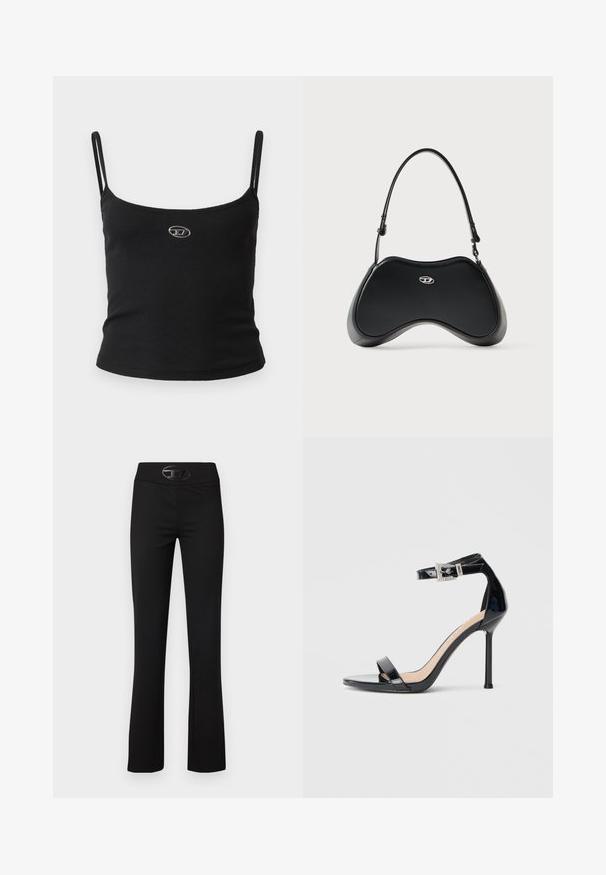 Haut caraco noir côtelé avec fines bretelles et petit logo métallique au centre. Le tissu semble extensible et près du corps.; Pantalons évasés noirs en tissu lisse et extensible. Dotés d'une large ceinture et d'un accent logo noir brillant à l'avant.; Sandale à talon haut en cuir verni noir avec bride à la cheville. Présente un design minimaliste, un bout ouvert et une boucle ornée de strass.; Sac à main en similicuir noir avec une forme incurvée unique, une poignée courte et un détail de logo argenté sur le devant. Texture lisse, design minimaliste.
