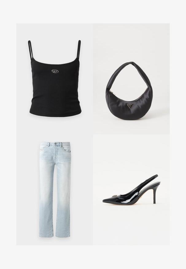 Top tipo camisola negro con textura acanalada, tirantes finos y un pequeño logo metálico en el centro. La tela parece elástica y ajustada al cuerpo.; Jeans de mezclilla de color azul claro con un diseño de pierna recta, que presentan un efecto de desvanecimiento, cinco bolsillos y un cierre de botón en la parte frontal.; Zapatos de tacón slingback de charol negro con punta afilada, tacón de stiletto delgado y adornos decorativos en la parte delantera.; Bolso de satén negro con forma curva, que cuenta con un cierre de cremallera y un logo triangular en metal en la parte delantera. Textura suave y diseño elegante.