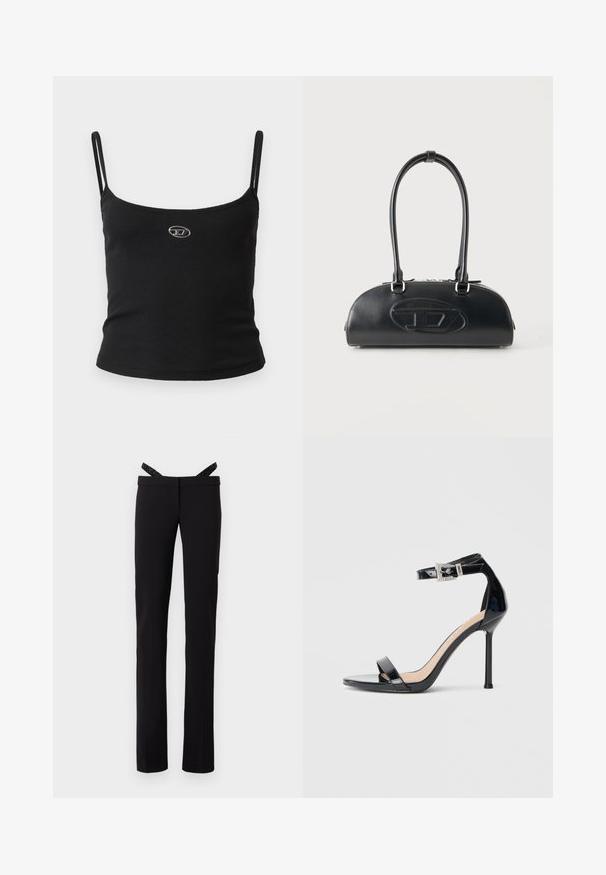 Schwarzes, geripptes Camisole-Oberteil mit dünnen Trägern und einem kleinen metallischen Logo in der Mitte. Der Stoff wirkt dehnbar und figurbetont.; Schwarze gerade geschnittene Hose mit slim Fit und glitzernden schwarzen Hosenträgern, die an dem Bund befestigt sind, vor einem weißen Hintergrund.; Schwarzer Riemchensandale aus Lackleder mit hohem Absatz und Knöchelriemen. Verfügt über ein minimalistisches Design, offene Zehenpartie und eine Schnalle mit Strassakzenten.; Schwarze Lederhandtasche mit langen doppelten Griffen und geprägtem ovalem Logo auf der Vorderseite, vor einem schlichten hellen Hintergrund gezeigt.