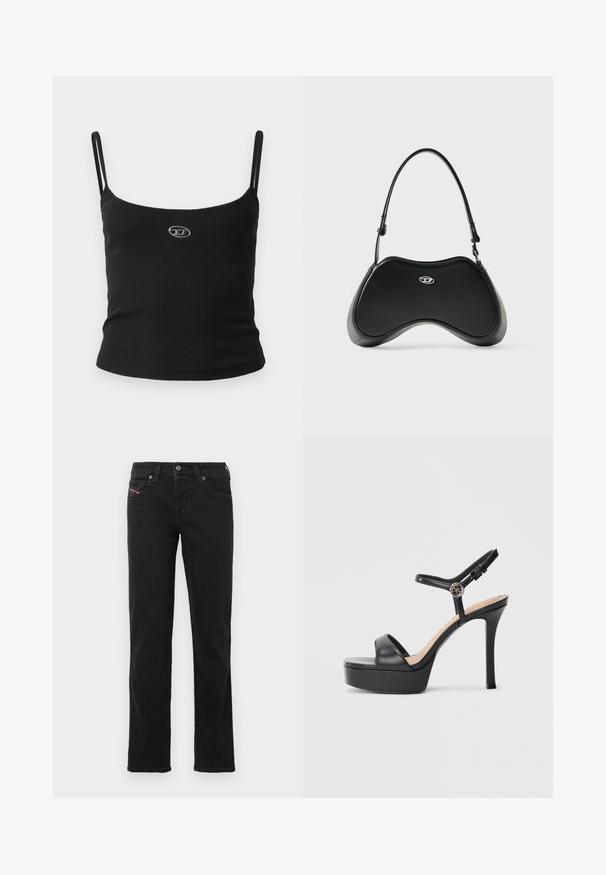 Haut caraco noir côtelé avec fines bretelles et petit logo métallique au centre. Le tissu semble extensible et près du corps.; Jean en denim noir avec une coupe droite, doté d'une fermeture à boutons sur le devant, de cinq poches et de détails de couture subtils.; Sandales à plateforme noires avec un talon haut stilettos, dotées d'une tige en cuir lisse, d'un bout ouvert et d'une bride de cheville ajustable avec ferrures.; Sac à main en similicuir noir avec une forme incurvée unique, une poignée courte et un détail de logo argenté sur le devant. Texture lisse, design minimaliste.