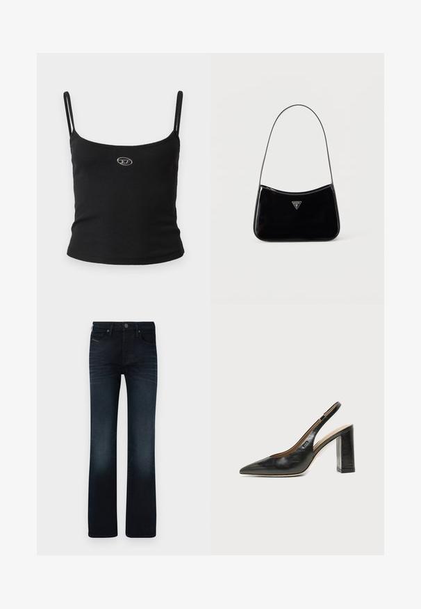 Top tipo camisola negro con textura acanalada, tirantes finos y un pequeño logo metálico en el centro. La tela parece elástica y ajustada al cuerpo.; Jeans de mezclilla azul oscuro, con un diseño de pierna recta, cinco bolsillos y un sutil desgaste en los muslos y la parte inferior de las piernas.; Zapato slingback de piel negra con puntera puntiaguda, tacón alto y ancho, y forro interior beige sobre un fondo claro y liso.; Bolso de hombro de charol negro con correa delgada, logotipo triangular de Guess en el frente y cierre superior con cremallera.