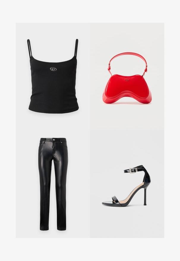 Sort ribstrikket camisole-top med tynde stropper og en lille metallisk logo midt på. Stoffet virker strækbart og kropsnært.; Sorte lige læderbukser med frontknap og lynlås, bælteløkker og sidelommer, præsenteret mod en hvid baggrund.; Sort højhælet sandal i laklæder med ankelrem. Har minimalistisk design, åben tå og spænde med rhinsten-detaljer.; Rød taske i laklæder med en buet, ergonomisk form, der har en tynd justerbar rem og en diskret logodetalje foran.