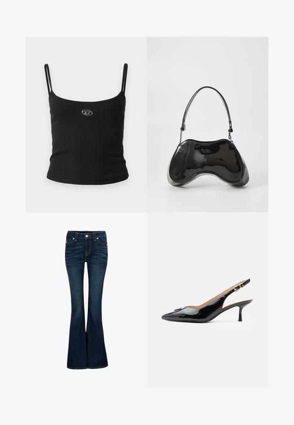 Schwarzes, geripptes Camisole-Oberteil mit dünnen Trägern und einem kleinen metallischen Logo in der Mitte. Der Stoff wirkt dehnbar und figurbetont.; True Religion Flared Jeans - indigo upgrade; Schwarzer Pumps mit Riemchen aus Lackleder, spitz zulaufender Zehenpartie, kleinem Kitten-Heel und silberner Schnalle auf weißem Hintergrund.; Schwarze Handtasche aus lackiertem Leder mit einer einzigartigen, geschwungenen Form, kurzem verstellbarem Griff und einem Reißverschluss oben. Glatte Textur mit dezentem Branding.