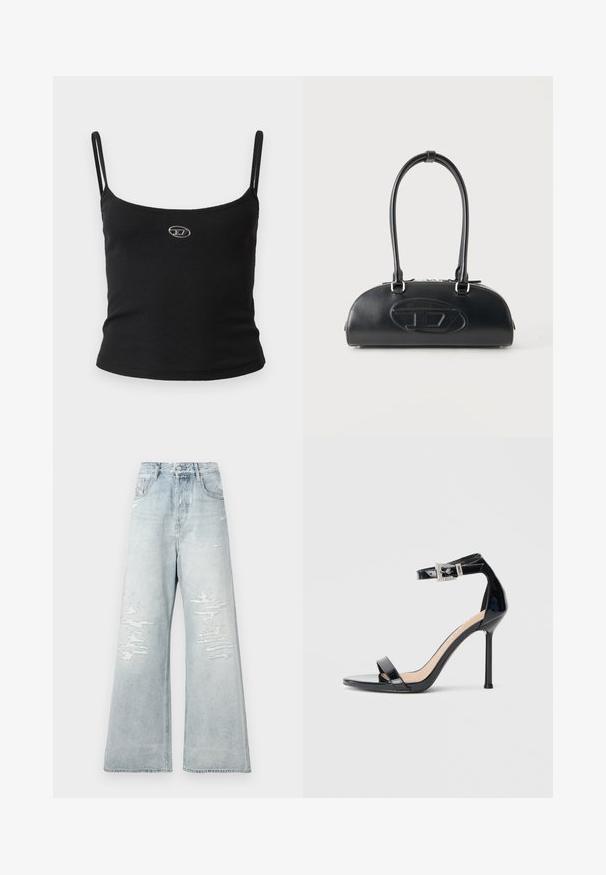 Top tipo camisola negro con textura acanalada, tirantes finos y un pequeño logo metálico en el centro. La tela parece elástica y ajustada al cuerpo.; Jeans de tiro alto de pierna ancha en un tono azul claro, con parches desgastados en los muslos frontales y estilo de cinco bolsillos, sobre un fondo blanco liso.; Sandalia de tacón alto en piel sintética negra con correa en el tobillo. Presenta un diseño minimalista, punta abierta y una hebilla con detalles de pedrería.; Bolso de cuero negro con asas largas dobles y logo ovalado en relieve en la parte delantera, mostrado sobre un fondo claro y liso.