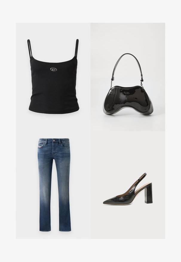Sort ribstrikket camisole-top med tynde stropper og en lille metallisk logo midt på. Stoffet virker strækbart og kropsnært.; Mørkeblå denim jeans med lige ben-design, der har let falmende detaljer på lårene og klassisk fem-lomme stil.; Sort læder peep-toe slingback sko med høj blokhæl og beige indvendig foring mod en ensfarvet lys baggrund.; Sort patentlæder håndtaske med en unik buet form, kort justerbar hank og en lynlåslukning i toppen. Glat tekstur med diskret branding.