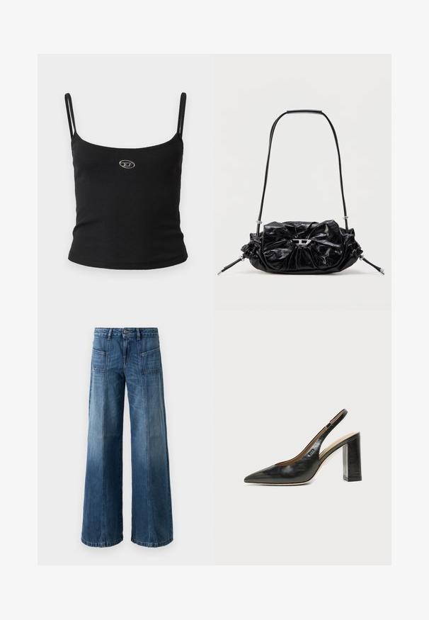 Sort ribstrikket camisole-top med tynde stropper og en lille metallisk logo midt på. Stoffet virker strækbart og kropsnært.; Videbenet jeans i en falmet blå denim. Har fem lommer, en knap- og lynlås-lukning, synlige syninger og en løs pasform.; Sort læder peep-toe slingback sko med høj blokhæl og beige indvendig foring mod en ensfarvet lys baggrund.; Sort læderhåndtaske med et opsamlet design og sløjfedetalje foran. Har en kort hank og sølvfarvede hardware-accenter.