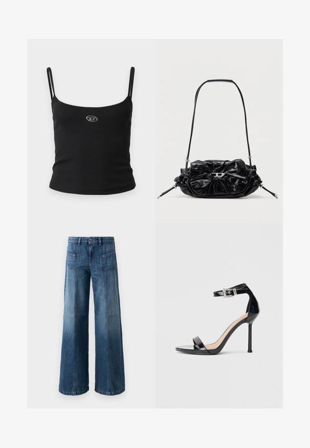 Zwarte geribbelde camisole top met dunne bandjes en een klein metalen logo in het midden. De stof lijkt rekbaar en aansluitend te zijn.; Wijd been jeans in een vervaagde blauwe denim. Voorzien van vijf zakken, een knoop- en ritssluiting, met zichtbare stiksels en een losse pasvorm.; Zwarte sandalen met hoge hak van lakleer en een enkelriempje. Heeft een minimalistisch ontwerp, open teen en een gesp met strass-steentjes.; Zwarte leren handtas met een geplooid design en een strikdetail aan de voorkant. Voorzien van een korte handgreep en zilverkleurige metalen accenten.