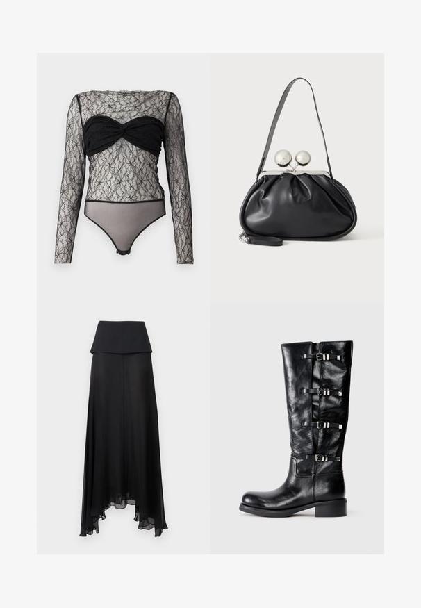 Hofmann Copenhagen PAULA - Langærmet T-shirt - black; Sort maxinederdel med høj talje, lagdelt taljebånd og asymmetrisk, gennemsigtigt skørt med bløde flæser.; Sorte læder støvler til knæene med en rund tå, der har tre stropdetaljer med metalspænder og en lav blokhæl. Glat tekstur.; Sort læderhåndtaske med opsamlet design, en enkelt rem, sølv metalramme og to store runde sølv lukninger.