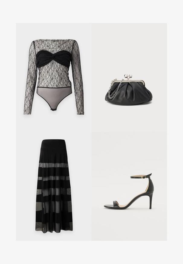 Hofmann Copenhagen PAULA - Pikkade varrukatega topp - black; Mustmust pikk seelik, millel on istuv vöökoht, läbipaistvate paneelide ja opaksete triipudega. Kerge kangas sileda tekstuuriga.; Must musta kõrgete kontsadega sandaal, millel on pahkluule kinnituv rihm. Omab sileda tekstuuri, avatud varbaosa ning õhukest kontsa. Kuldtooniline pandla detail.; Musthave musta nahast käekott, millel on volditud tekstuur, hõbedane metallraam, lukustatud sulgemismehhanism ja kett. Sile ja pehme pind.