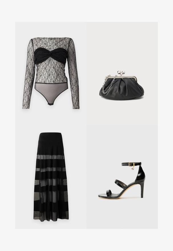 Hofmann Copenhagen PAULA - T-shirt à manches longues - black; Jupe maxi noire avec une taille ajustée, comportant des panneaux transparents et des rayures opaques. Tissu léger avec une texture lisse.; Sandale en cuir verni noir avec trois brides, boucle de cheville et talon aiguille de 10 cm. Présente un détail en métal doré et un charm logo.; Porte-monnaie en cuir noir avec texture froncée, cadre en métal argenté, fermeture à verrouillage kiss-lock et bandoulière en chaîne. Surface lisse et douce.