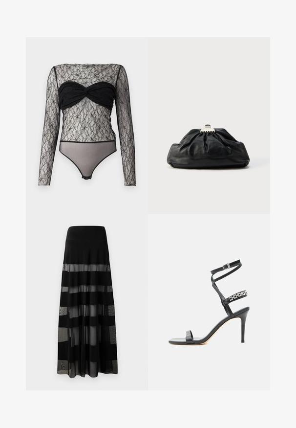Hofmann Copenhagen PAULA - T-shirt à manches longues - black; Jupe maxi noire avec une taille ajustée, comportant des panneaux transparents et des rayures opaques. Tissu léger avec une texture lisse.; Sandale noire à talon haut avec fine bride à la cheville, bride médiane décorée de maillons de chaîne argentés, et design à bout ouvert.; Pochette en cuir noir avec une texture plissée, fermeture à fermoir métallique, et logo embossé discret sur le devant. Forme arrondie.