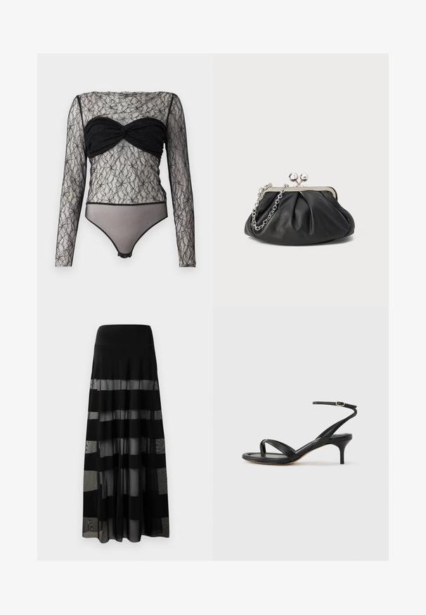 Hofmann Copenhagen PAULA - T-shirt à manches longues - black; Jupe maxi noire avec une taille ajustée, comportant des panneaux transparents et des rayures opaques. Tissu léger avec une texture lisse.; Sandale pour femme en cuir noir avec fines lanières, une boucle d'orteil, une boucle à la cheville et un talon aiguille de hauteur moyenne sur un fond neutre.; Porte-monnaie en cuir noir avec texture froncée, cadre en métal argenté, fermeture à verrouillage kiss-lock et bandoulière en chaîne. Surface lisse et douce.