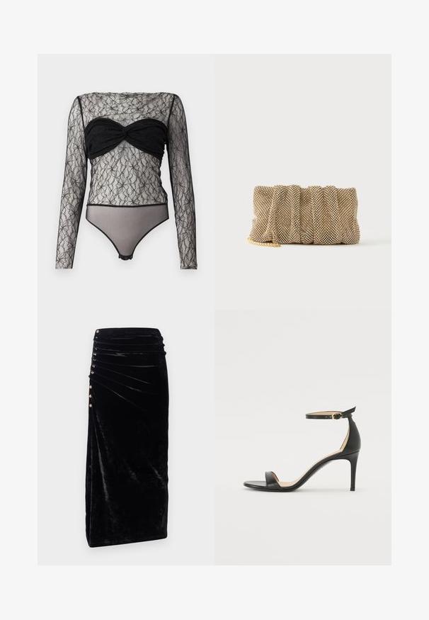 Hofmann Copenhagen PAULA - Longsleeve - black; Rabanne Kokerrok - black; Zwarte leren hoge hak sandaal met enkelbandje. Heeft een gladde textuur, open teen en een dunne hak. Gouden gesp detail.; Kleine gouden mesh clutch met een geplooid ontwerp en een deels zichtbare gouden kettingriem op een effen witte achtergrond.