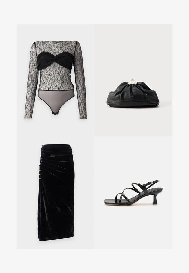 Hofmann Copenhagen PAULA - Pitkähihainen paita - black; Rabanne Kynähame - black; Musta lakattu nahka strappy sandaalit, joissa on neliönmuotoinen kärki ja matala, lohkokorko. Varustettu kultaisella sisustuksella ja säädettävillä nilkkahihnoilla.; Musta nahkainen clutch-laukku ryppyisellä tekstuurilla, metalliklipsisuljeksella ja hillityllä kohopainatulla logolla edessä. Pyöreä muoto.