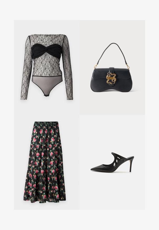 Hofmann Copenhagen PAULA - Top s dlhým rukávom - black; Dlhá čierna sukňa s viacvrstvovým dizajnom, zdobená kvetinovým vzorom ružových ruží a zelených listov, vyrobená z ľahkého materiálu. Elastický pás.; Čierne kožené vysoké špičaté papuče s výrezmi po stranách a hladkou textúrou. Stiletto podpätok a jemný steh.; Čierna kožená kabelka so zakriveným tvarom, jedným držadlom a zlatým zapínaním v tvare hada s nápisom "Just Cavalli" na jednoliatom pozadí.