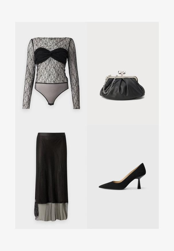 Hofmann Copenhagen PAULA - Langærmet T-shirt - black; Sort mesh midi-nederdel med en tætsiddende talje, åben diamantmønster og en flowy foring i bunden for ekstra bevægelse og tekstur.; Sorte ruskinds højhælede pumps med spids tå, der har en blank sort blokhæl og en glat indvendig foring.; Sort læder clutch med samlet tekstur, sølvfarvet metalramme, kys-lås lukning og kædestrop. Glat, blød overflade.