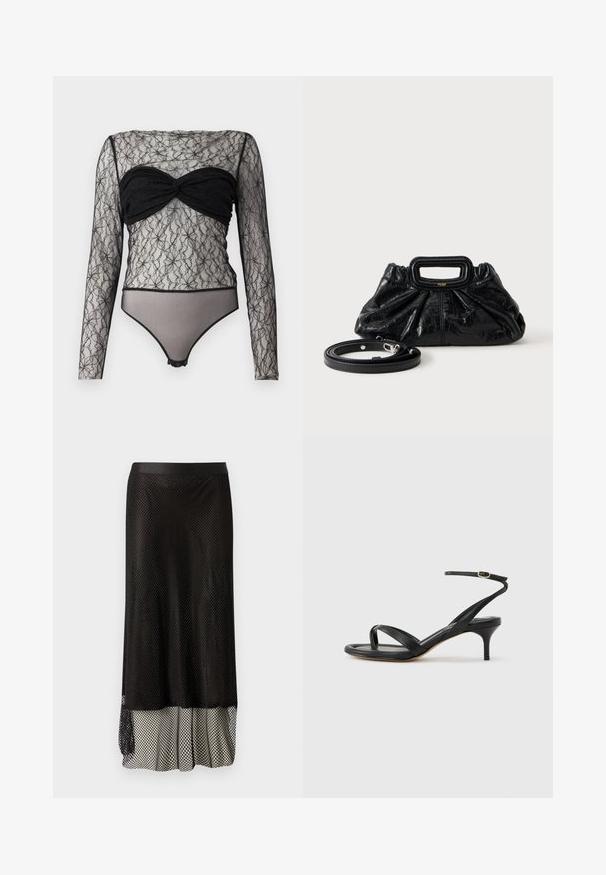 Hofmann Copenhagen PAULA - Langærmet T-shirt - black; Sort mesh midi-nederdel med en tætsiddende talje, åben diamantmønster og en flowy foring i bunden for ekstra bevægelse og tekstur.; Sort damesandal i læder med tynde remme, en tå-loop, ankelspænde og en mellemhøj stiletthæl på en neutral baggrund.; Lille sort læderhåndtaske med rynket tekstur, rektangulært håndtag og aftagelig tynd skulderrem placeret ved siden af.