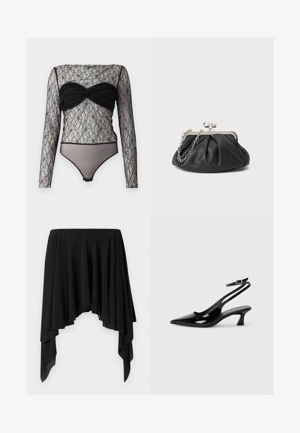 Hofmann Copenhagen PAULA - Langærmet T-shirt - black; Sort asymmetrisk nederdel lavet af blødt stof, der har draperede lag og et bredt livbånd, hvilket skaber en flydende silhuet.; Sorte patenterede læderslingbacks med spidse tæer, lav blokhælt og justerbar ankelrem med guldspænde.; Sort læder clutch med samlet tekstur, sølvfarvet metalramme, kys-lås lukning og kædestrop. Glat, blød overflade.