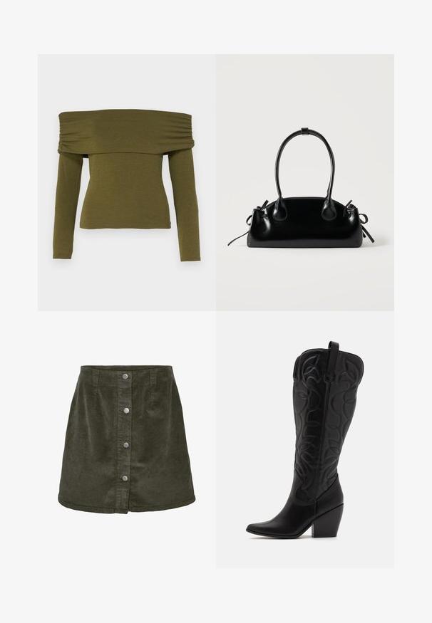 Olijfgroene off-shoulder lange mouw top met gerimpelde details, gemaakt van zachte stof, met een getailleerde pasvorm en een rechte zoom.; Donkergroene corduroy mini-jurk in A-lijn vorm, met vijf zilveren knoopsluitingen aan de voorkant en verticale ribbelstructuur.; Zwarte leren kniehoge laarzen met puntige neus en gestapelde hak. Voorzien van decoratief stiksel en gebogen designelementen.; Kleine zwarte glanzende handtas met twee lange hengsels en zijkant trekkoord details op een effen lichte achtergrond.
