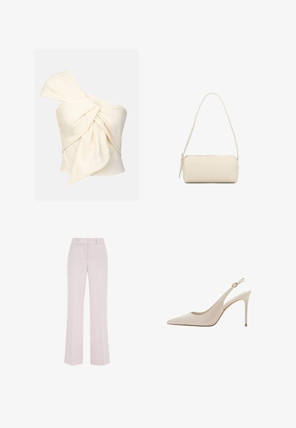 Haut crème à une épaule en tissu lisse, avec un grand détail de nœud torsadé à l'avant et une coupe près du corps.; Pantalon rose pâle à jambes droites avec passants de ceinture et détails de couture avant, présenté sur un fond blanc.; Chaussure à talon haut beige à bout pointu avec bride slingback, talon stiletto fin et petite boucle dorée sur fond blanc.; Sac à main en cuir couleur crème de forme cylindrique, doté d'une fine bandoulière et d'une fermeture éclair sur le bord supérieur.