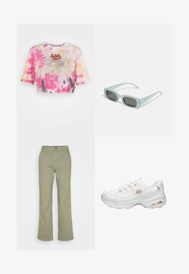 Lühendatud tie-dye t-särk roosa, kollase ja halliga ning heegeldatud punase "Von Dutch Originals" logoga rinnal. Lühikesed varrukad.; Hollister Co. CARPENTER DAD - Püksid - olive; Valge sportking, mis on valmistatud siledast sünteetilisest materjalist. Omab tekstuurses aktsentides, metallkuldses detailis, paeltega sulgemises ja pehmendatud tallas.; Kaks ümmargust päikeseprilli, millel on helesinised poolläbipaistvad raamid ja tumehallid objektiivid, sirged tempud ja minimaalsete detailidega riistvara.